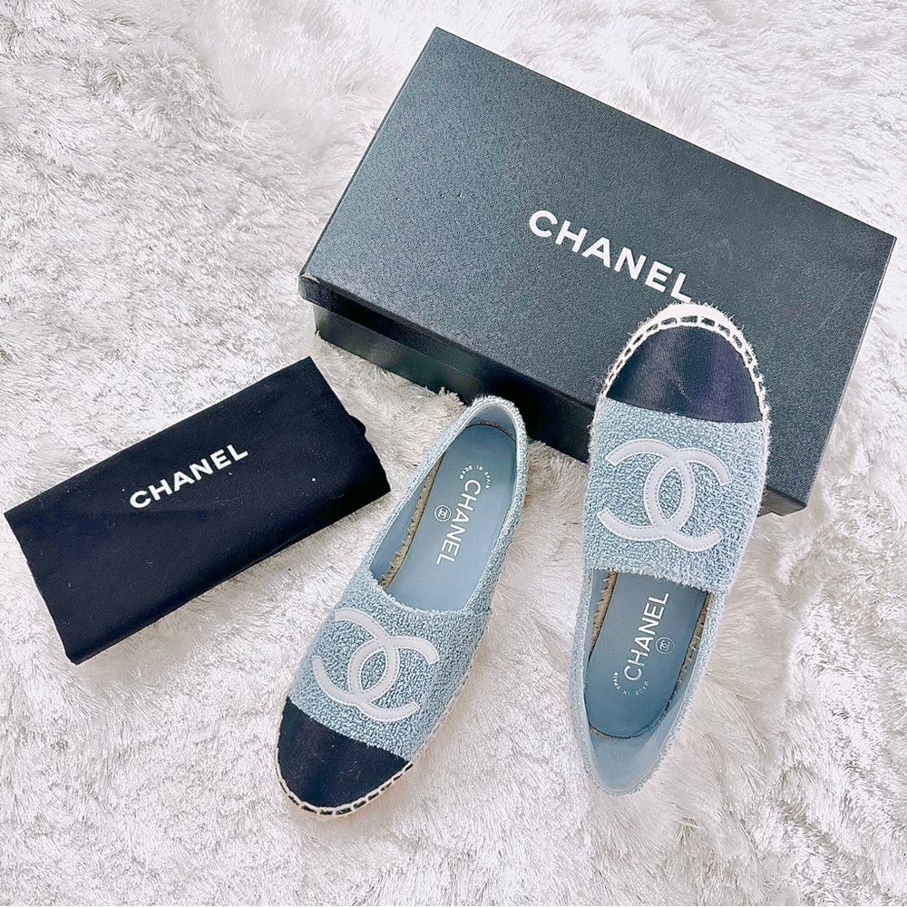 CHANEL Fabric Grosgrain Espadrilles Blue Light Grey Black in size 37
